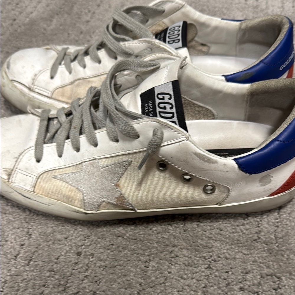 Golden Goose White Sneakers with Red and Blue Accents